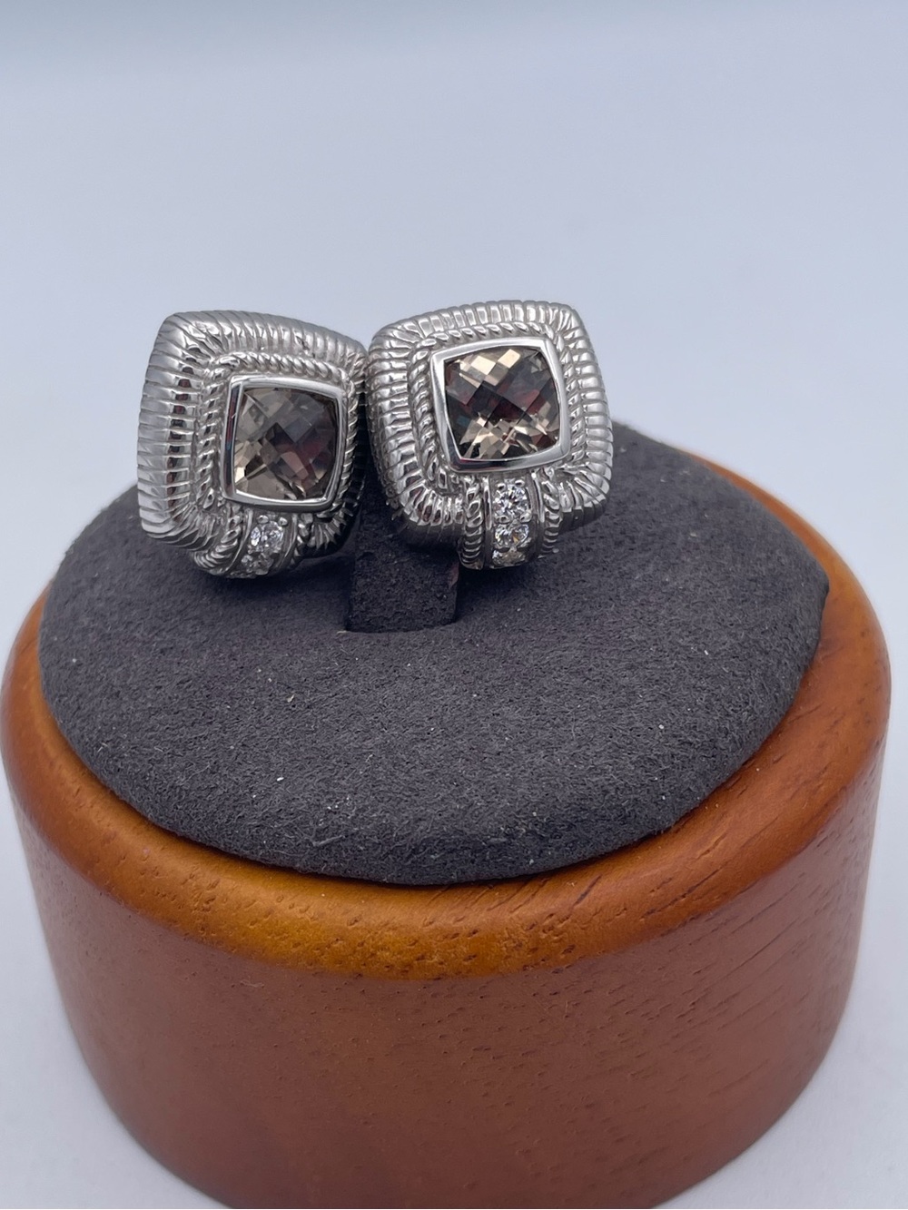 Judith Ripka 925 Sterling Silver Natural Smoky Quartz CZ Omega Earrings READ - Picture 8 of 8